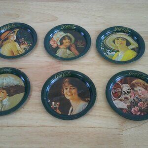 Lot of 6 Vintage Coca Cola Metal Coasters Green Victorian Ladies 3.25 Inch